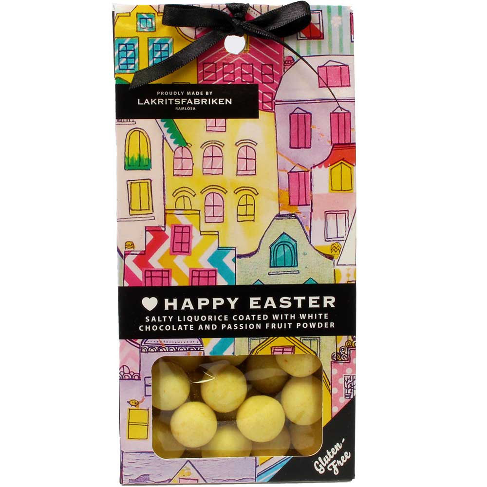 Happy Easter liquorice with white chocolate with passion fruit - Chocolate coated, gluten free, Sweden, swedish chocolate, chocolate with liquorice, liquorice chocolate - Chocolats-De-Luxe