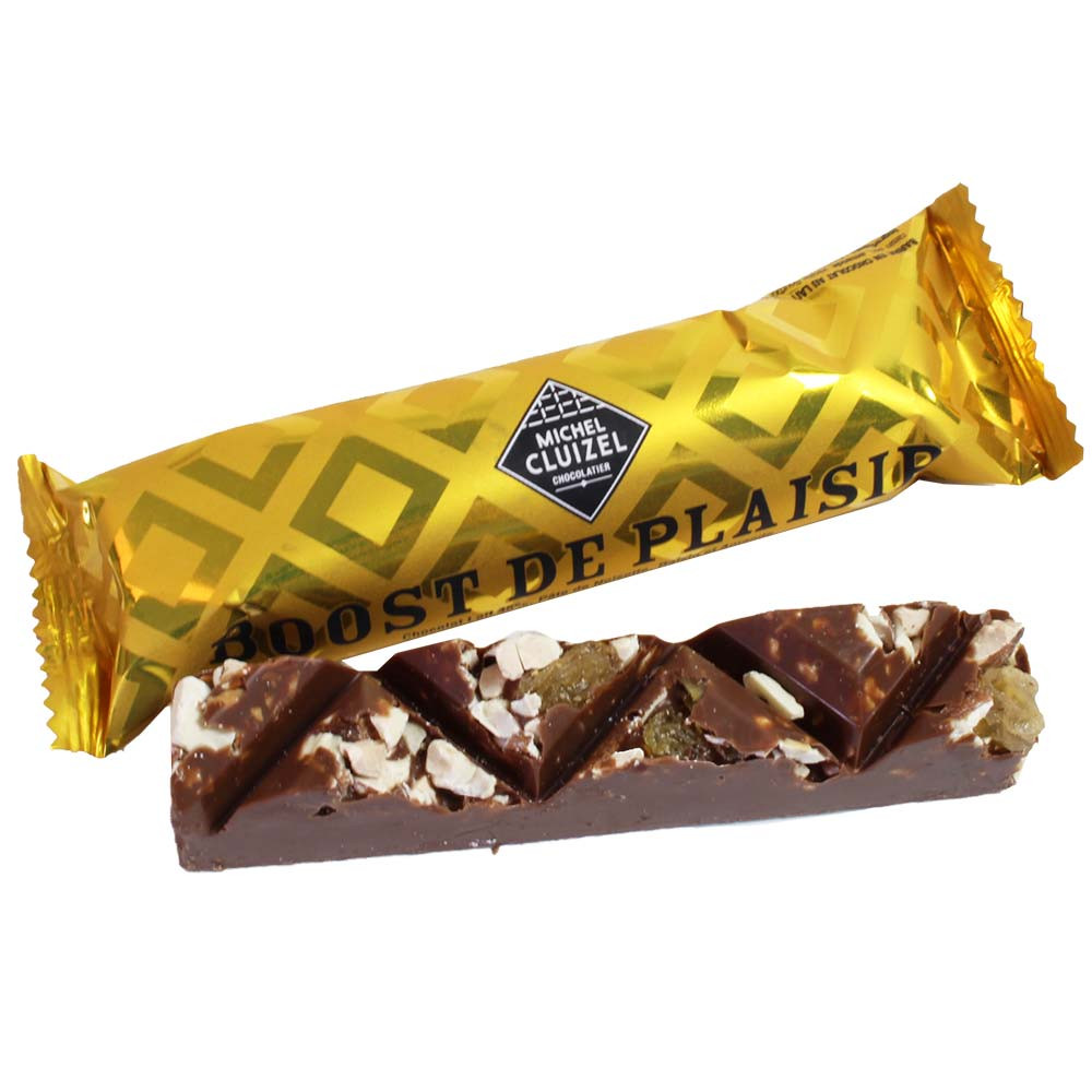 Schokoladenriegel Boost de Plaisir mit Nougat und Rosinen - Finger bar, without artificial flavourings / additives, France, french chocolate, Chocolate with fruits - Chocolats-De-Luxe