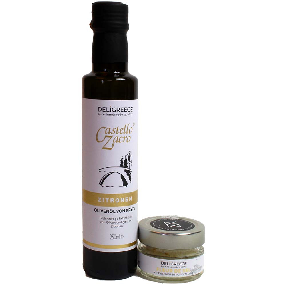 Geschenkset Olivenöl & Fleur de Sel mit Zitrone - - Chocolats-De-Luxe