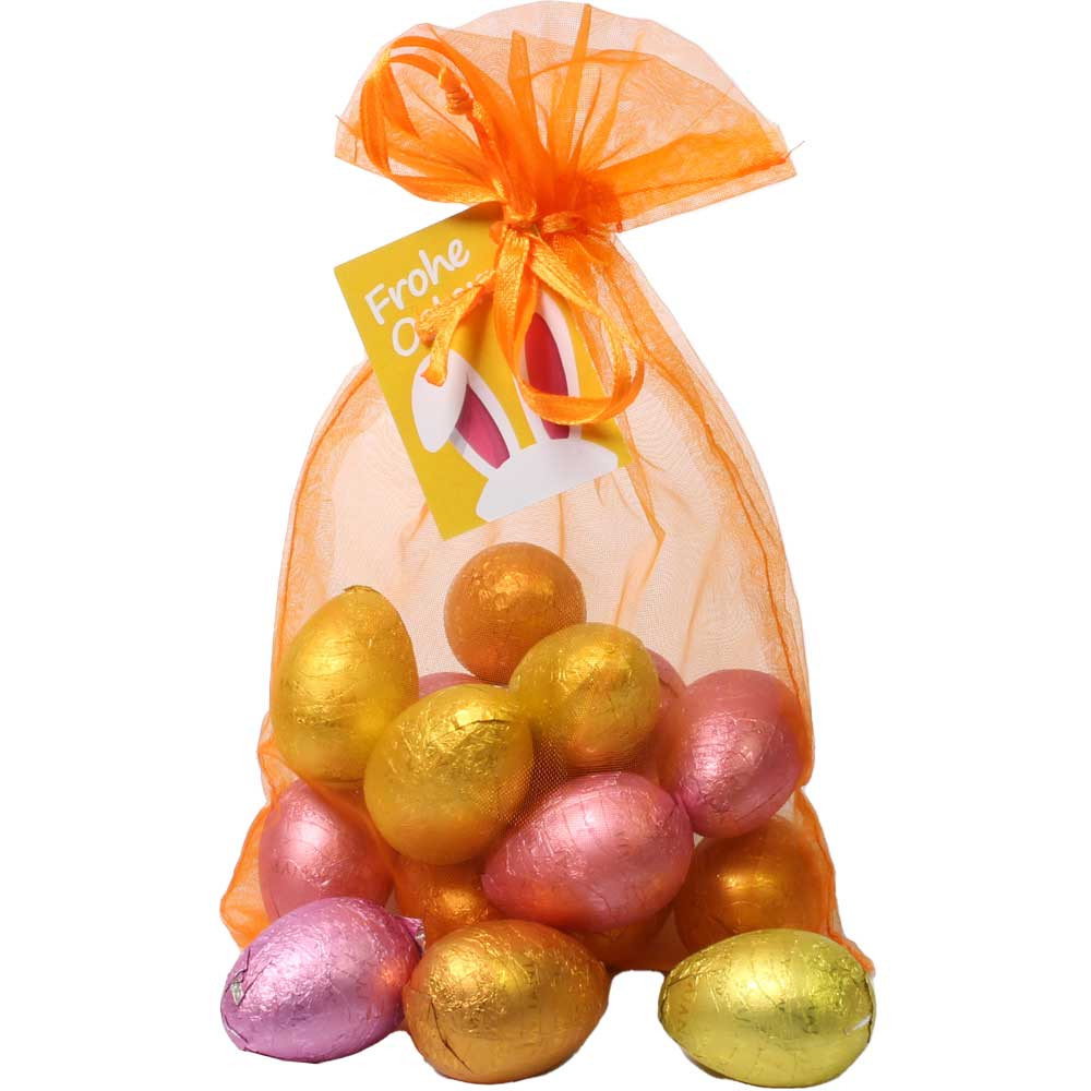 Huevos de Pascua Uova Maxi 12 piezas en bolsa de organza naranja - Huevos de Pascua de chocolate, Italia, chocolate italiano, Chocolate con almendras - Chocolats-De-Luxe