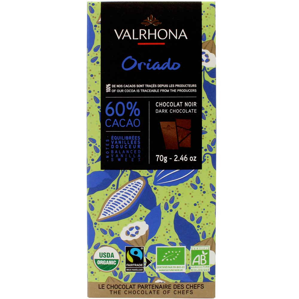 Oriado - 60% pure chocolade, Bio - Chocoladerepen, alcoholvrij, geschikt voor vegetariërs, veganistvriendelijk, Frankrijk, Franse chocolade, Chocolade met suiker - Chocolats-De-Luxe