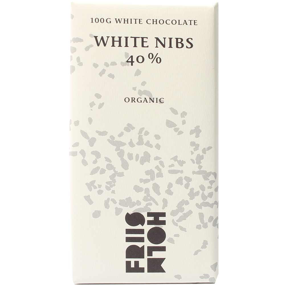 White Nibs 40% witte chocolade met nibs - Chocoladerepen, nootvrij, sojavrije chocolade, Denemarken, Deense chocolade, Chocolade met cacao /-nibs - Chocolats-De-Luxe