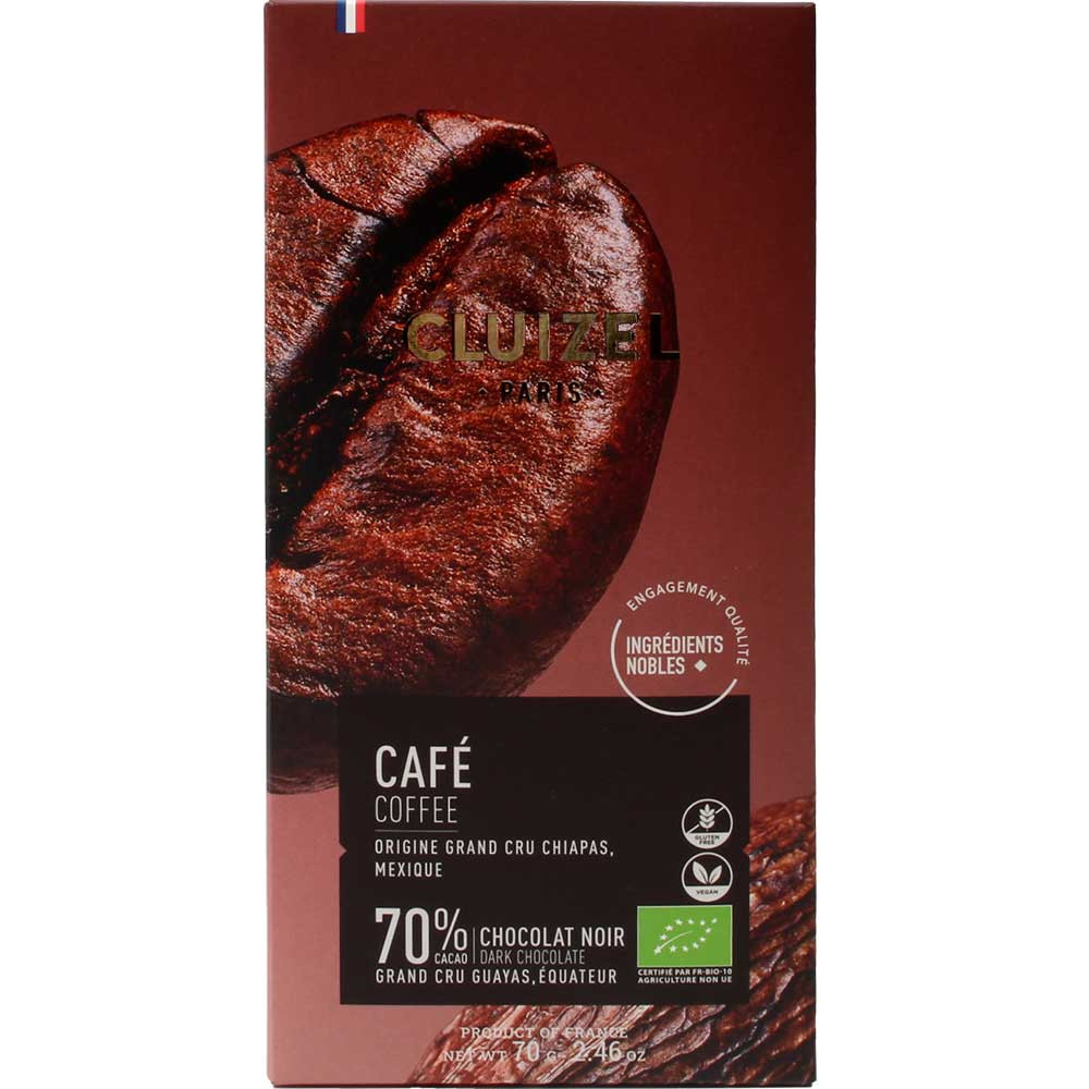 Café - 70% Dunkle Schokolade mit Kaffee - Bio - Tafelschokolade, laktosefrei, sojafreie Schokolade, vegan-freundlich, Frankreich, französische Schokolade, Schokolade mit Kaffee - Chocolats-De-Luxe