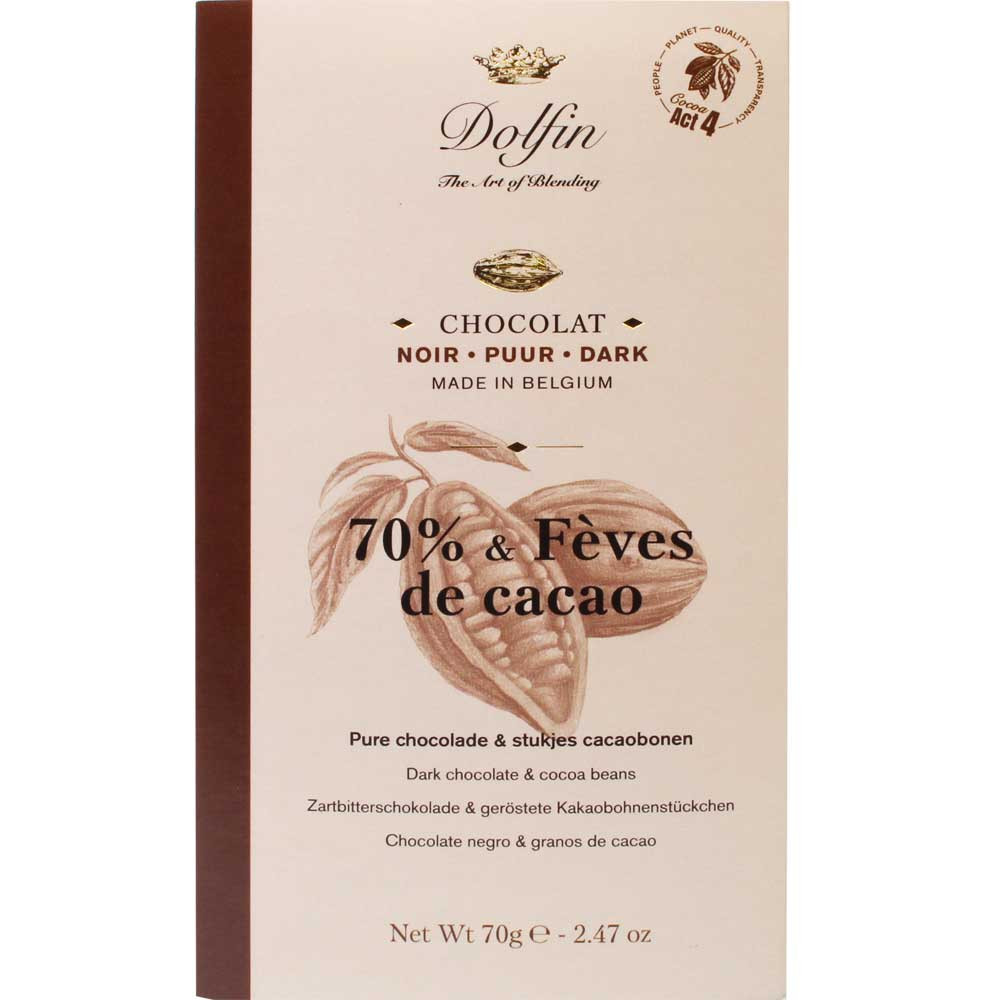 Fèves de Cacao - 70% pure chocolade met stukjes cacaoboon - Chocoladerepen, België, Belgische chocolade, Chocolade met cacao /-nibs - Chocolats-De-Luxe