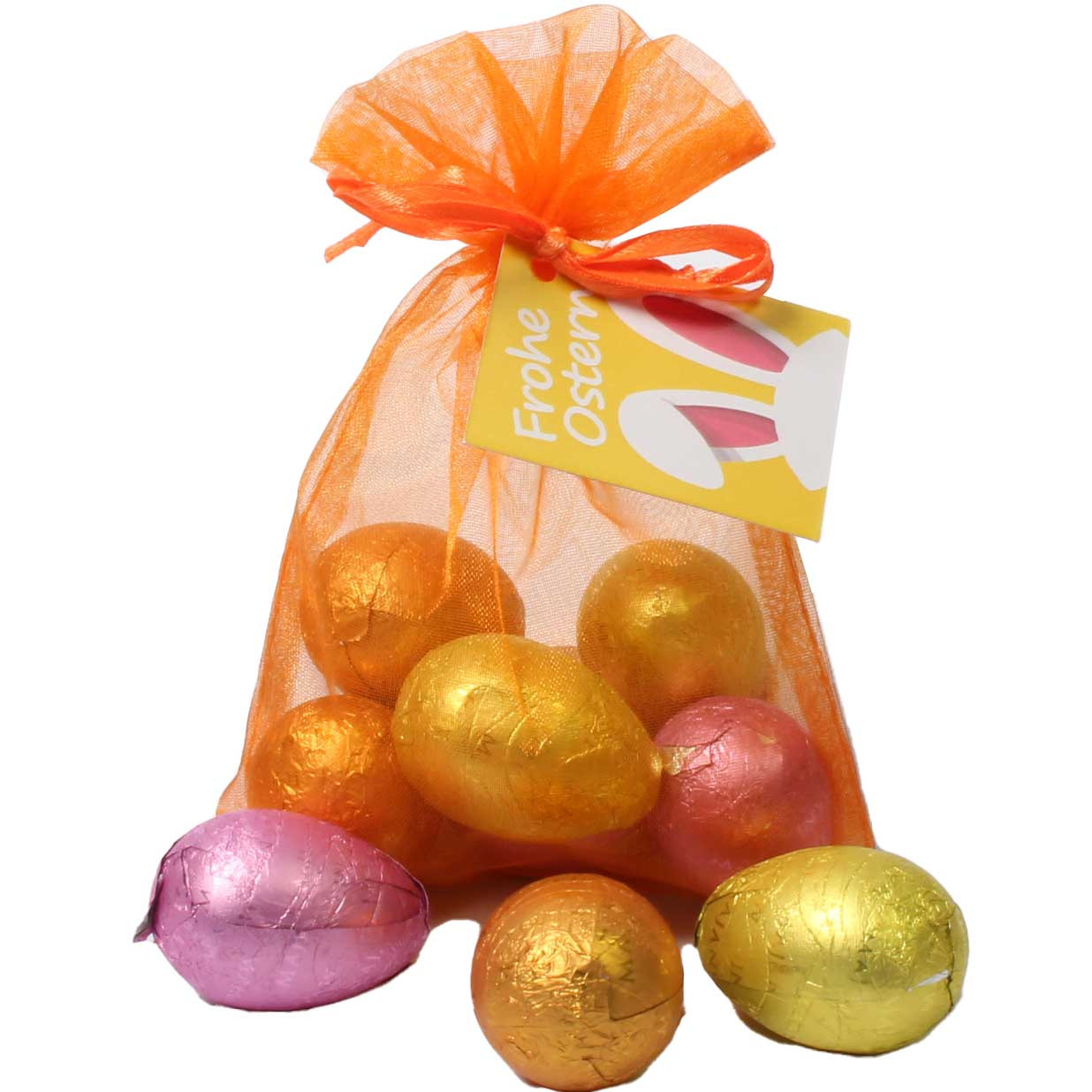 Uova di Pasqua Uova Maxi 6 pezzi in sacchetto di organza arancione - Uova di Pasqua al cioccolato, Italia, cioccolato italiano, Cioccolato con nocciola - Chocolats-De-Luxe