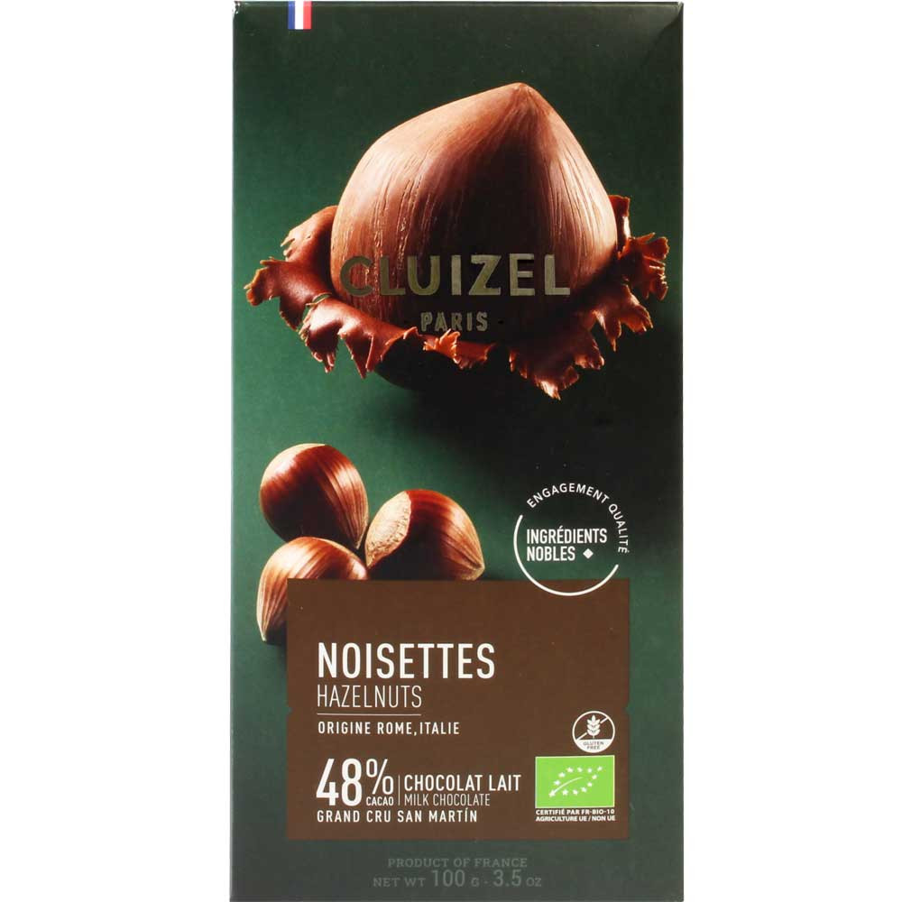 48% Noisettes Grand Cru San Martin Organic - milk chocolate with hazelnut - Bar of Chocolate, gluten free, France, french chocolate, chocolate with hazelnut, hazelnut chocolate - Chocolats-De-Luxe