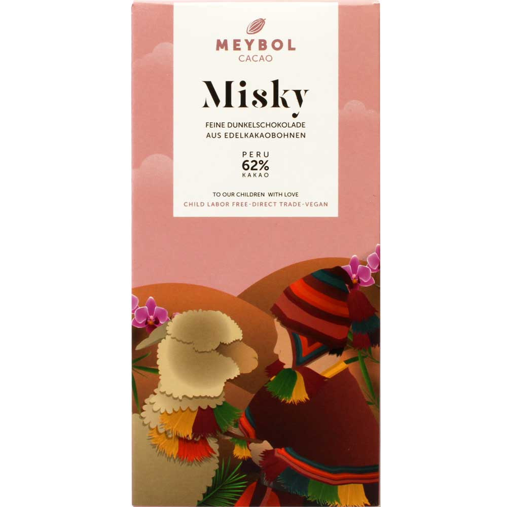 Misky - 62% dark chocolate from Chuncho fine cocoa from Vraem - Bar of Chocolate, gluten free, laktose free, vegan chocolate, Peru, peruvian chocolate, Chocolate with sugar - Chocolats-De-Luxe