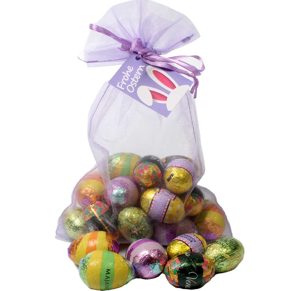 Huevos de Pascua de chocolate en bolsa de regalo lila 280g - Huevos de Pascua de chocolate, sin gluten, Italia, chocolate italiano, Chocolate con almendras - Chocolats-De-Luxe