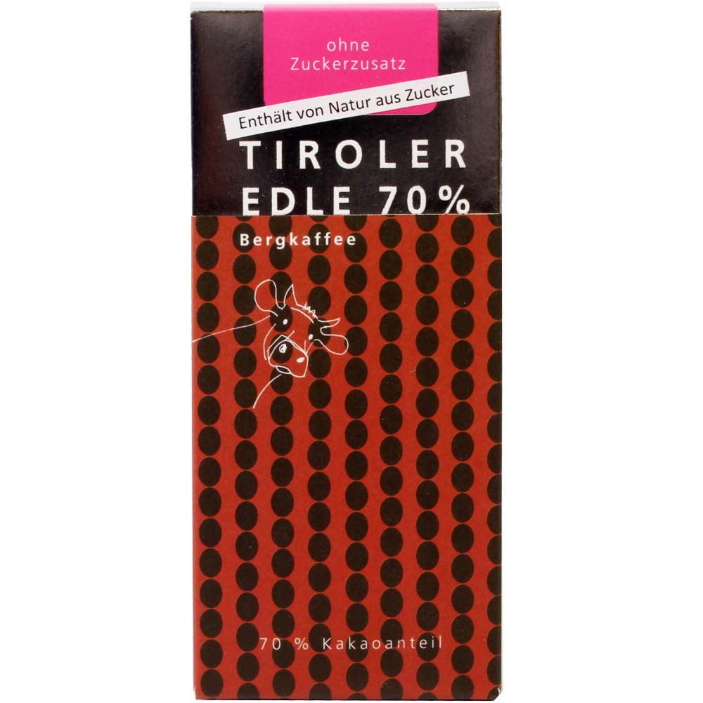Bergkaffee 70% dark milk chocolate with coffee - Bar of Chocolate, low sugar, No added sugar (contains naturally occurring sugar), without granulated or cane sugar , Austria, austrian chocolate, Chocolate with coffee - Chocolats-De-Luxe