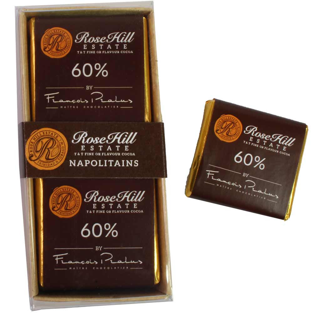Rose Hill Estate 60% napolitanas de chocolate - 8 piezas - Napolitains, Chocolate sin OGM, chocolate vegano, sin gluten, Francia, chocolate francés - Chocolats-De-Luxe