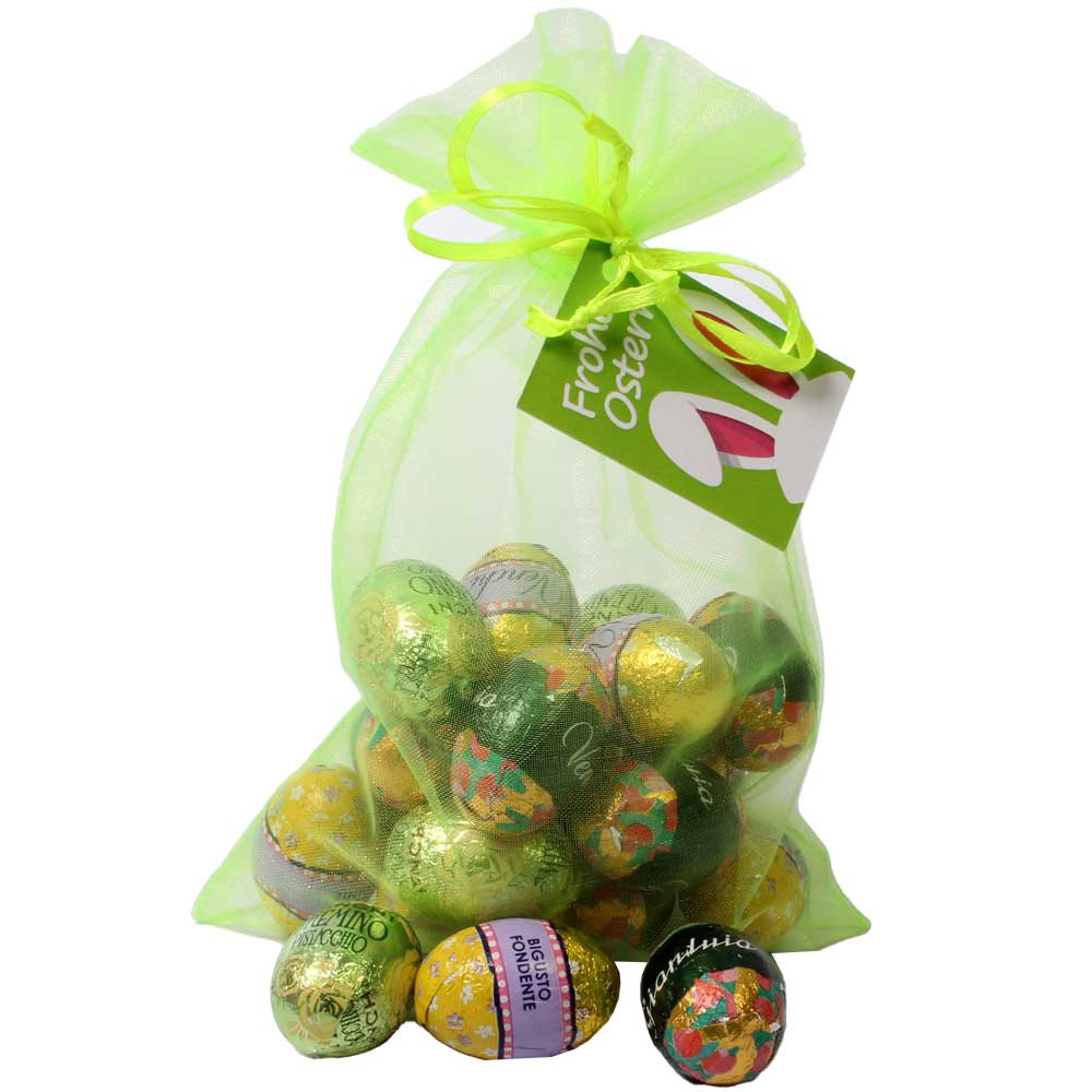 Uova di Pasqua al cioccolato Primavera di Venchi in un sacchetto di organza verde - senza alcol, Italia, cioccolato italiano - Chocolats-De-Luxe