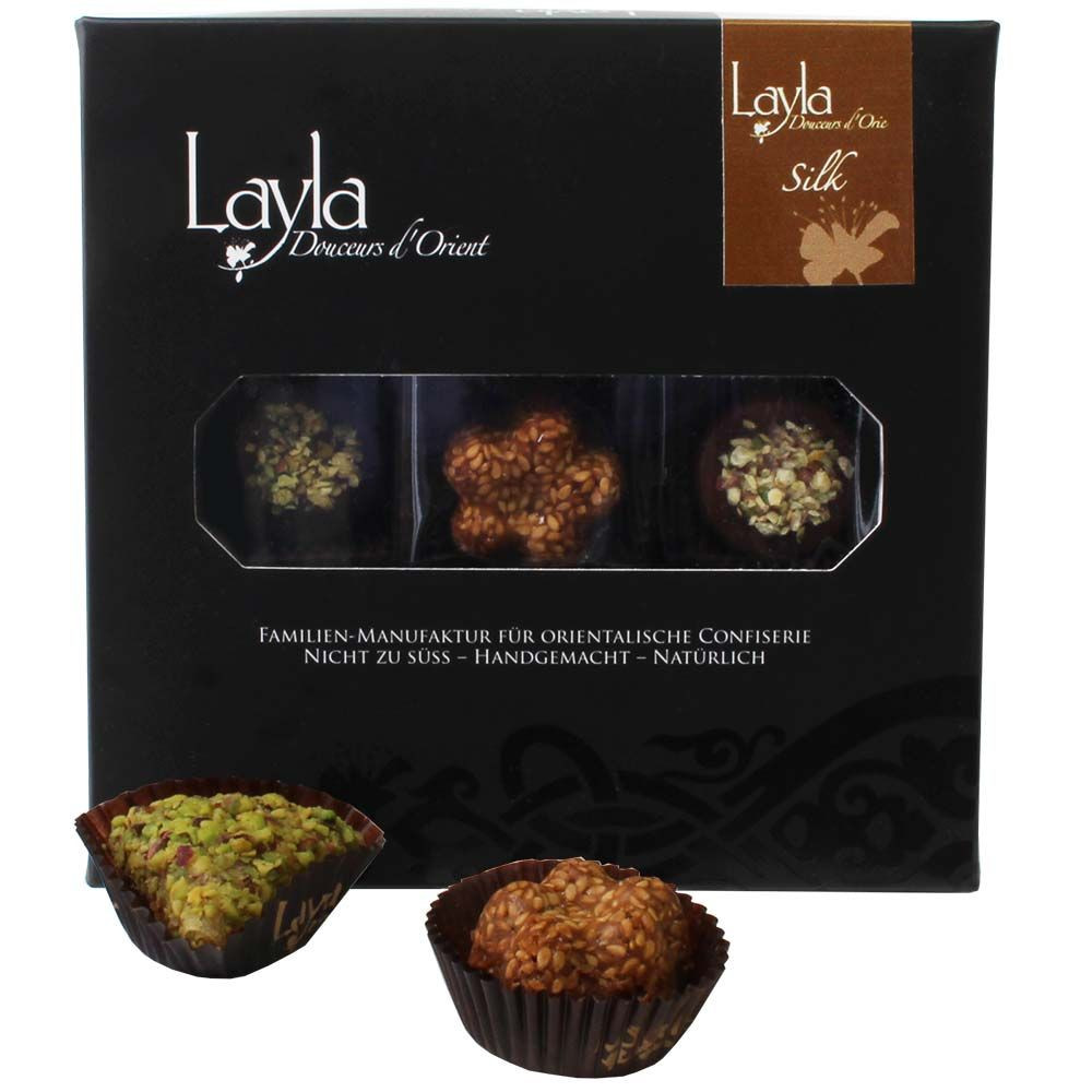 Layla Orientalische Konfektbox Silk - Pralines, convient aux végétariens, sans alcool, Tunisie, chocolat tunisien, Chocolat aux dattes - Chocolats-De-Luxe