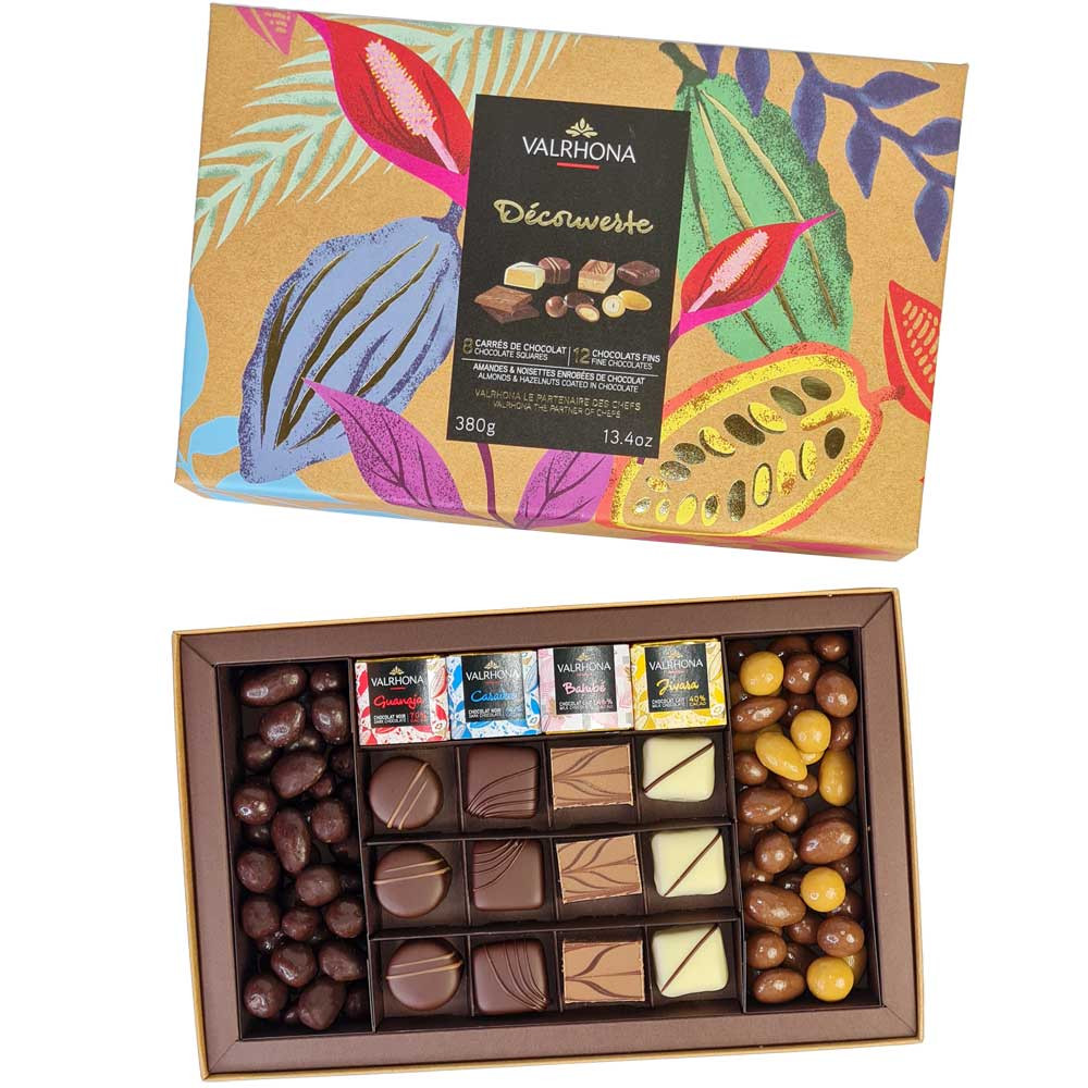 Chocolate & Pralines Caja de explorador "Découverte" - sin alcohol, Francia, chocolate francés, Chocolate con nueces - Chocolats-De-Luxe