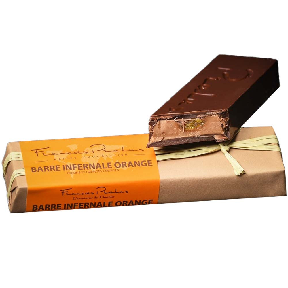 Barre Infernale Arancia Barrette di cioccolato con arancia - Barretta, cioccolato senza soia, con alcool, Francia, cioccolato francese, cioccolato all'arancia - Chocolats-De-Luxe