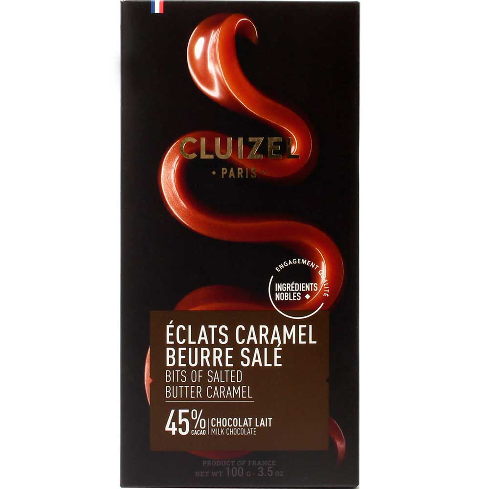 Éclats Caramel Beurre Salé 45% Milchschokolade - Tafelschokolade, ohne künstliche Aromen / Zusatzstoffe, sojafreie Schokolade, Frankreich, französische Schokolade, Schokolade mit Karamell - Chocolats-De-Luxe