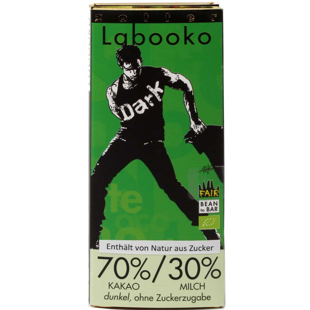 Labooko 70% / 30% dark organic milk chocolate without sugar - Bar of Chocolate, gluten free, low sugar, No added sugar (contains naturally occurring sugar), without granulated or cane sugar , Austria, austrian chocolate, chocolate with milk, milk chocolate - Chocolats-De-Luxe