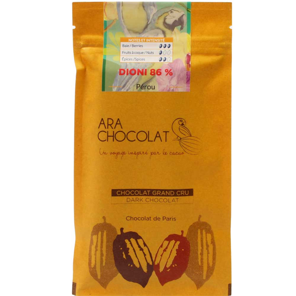 Dioni 86% chocolat noir de Huanuco au Pérou - Tablette de chocolat, chocolat sans soja, sans gluten, végan-amicale, France, chocolat français, Chocolat avec sucre - Chocolats-De-Luxe