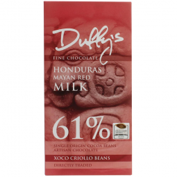 Honduras Mayan Red Milk 61%, Duffy's Chocolate, dunkle Milchschokolade, Honduras, englische Schokolade, cremig, sojafrei, glutenfrei, dunkle Früchte, single origin, bean-to-Bar