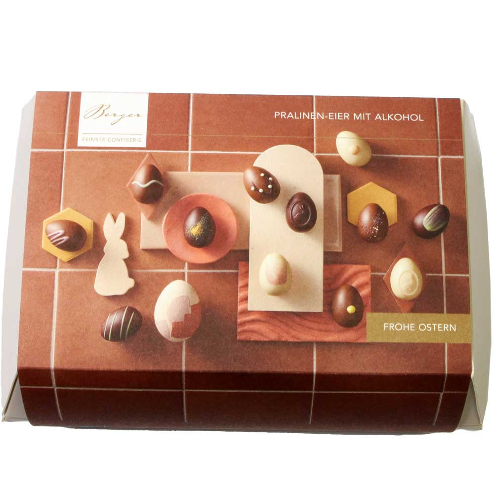 Ostereier Karton mit 12 Schokoladen Ostereiern mit Alkohol - Ostereier, mit Alkohol, Österreich, österreichische Schokolade, Schokolade mit Alkohol - Chocolats-De-Luxe
