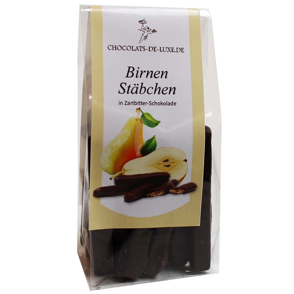Birnenfrucht Stäbchen in 70% dunkler Schokolade - Chocolate coated, France, french chocolate, Chocolate with pear - Chocolats-De-Luxe