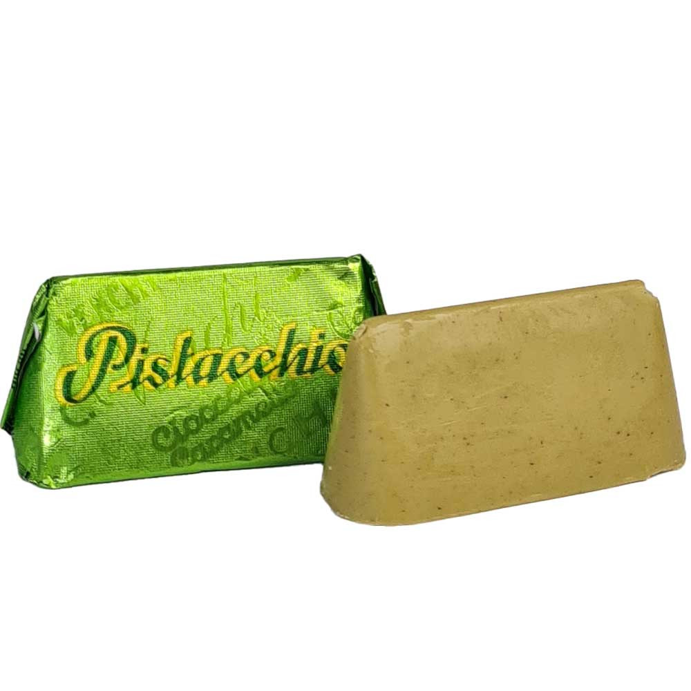 Gianduiotto "Pistacchio" - praliné de chocolate blanco con pistacho - Bombones, Sweet Fingerfood, sin alcohol, sin gluten, Italia, chocolate italiano, chocolate con pistacho - Chocolats-De-Luxe
