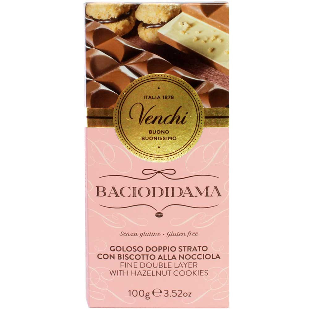 Chocolat Bacio di Dama fourrée de biscuits - Tablette de chocolat, sans gluten, Italie, chocolat italien, chocolat au lait - Chocolats-De-Luxe