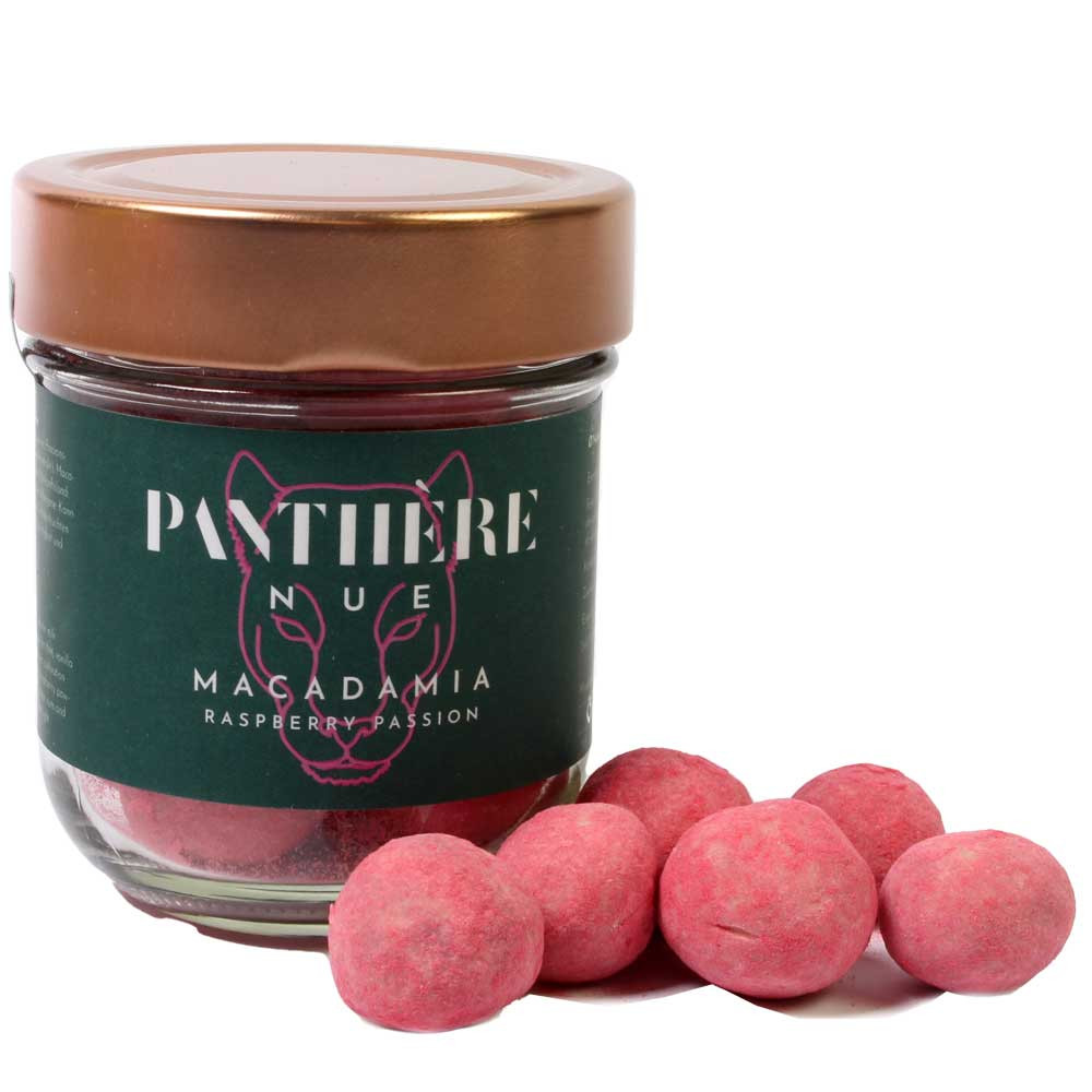 Macadamia Raspberry Passion | in white chocolate with raspberry passion fruit - suitable for vegetarians, chocolate with raspberry, raspberry chocolate - Chocolats-De-Luxe