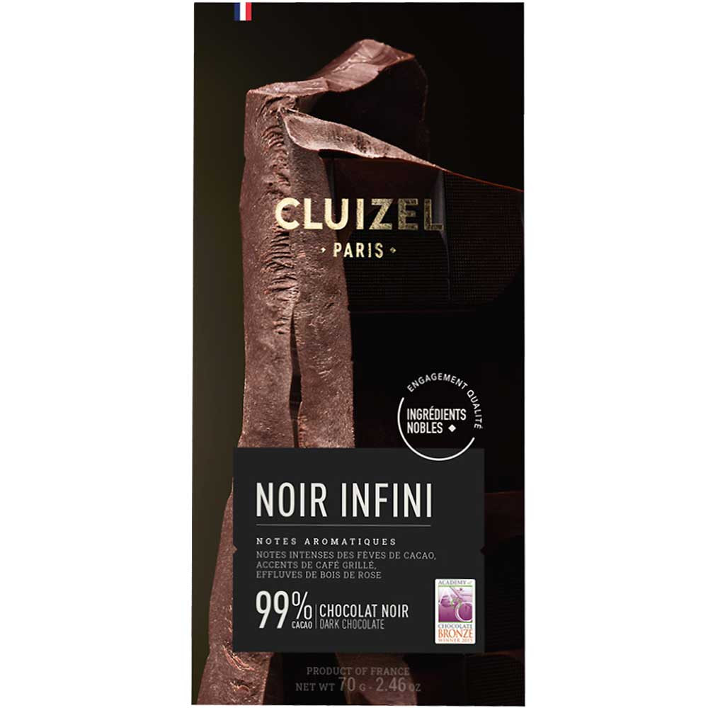 Noir Infini 99% pure chocolade - Chocoladerepen, sojavrije chocolade, veganistvriendelijk, zonder kunstmatige smaakstoffen/additieven, Frankrijk, Franse chocolade, Chocolade met kruiden, Chocolade met specerijen - Chocolats-De-Luxe