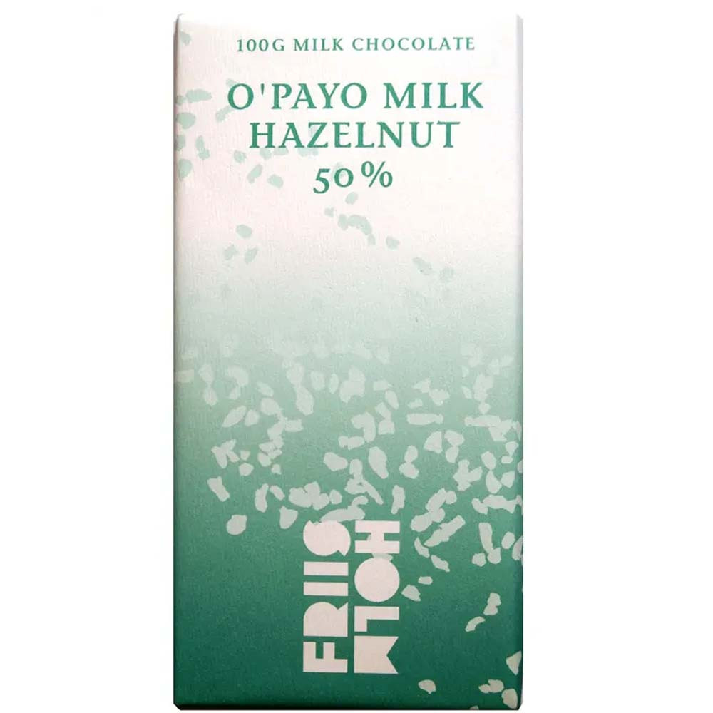 O'Payo Milk Hazelnuts 50% Organic milk chocolate with hazelnuts - Bar of Chocolate, gluten free, lecithin free, soy free chocolate, suitable for vegetarians, Danmark, danish chocolate, chocolate with hazelnut, hazelnut chocolate - Chocolats-De-Luxe