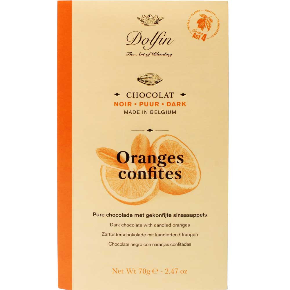 60% Cioccolato fondente con Scorzette d'arancia candite "Oranges confites" - Tavola di cioccolato, Belgio, cioccolato belga, cioccolato all'arancia - Chocolats-De-Luxe
