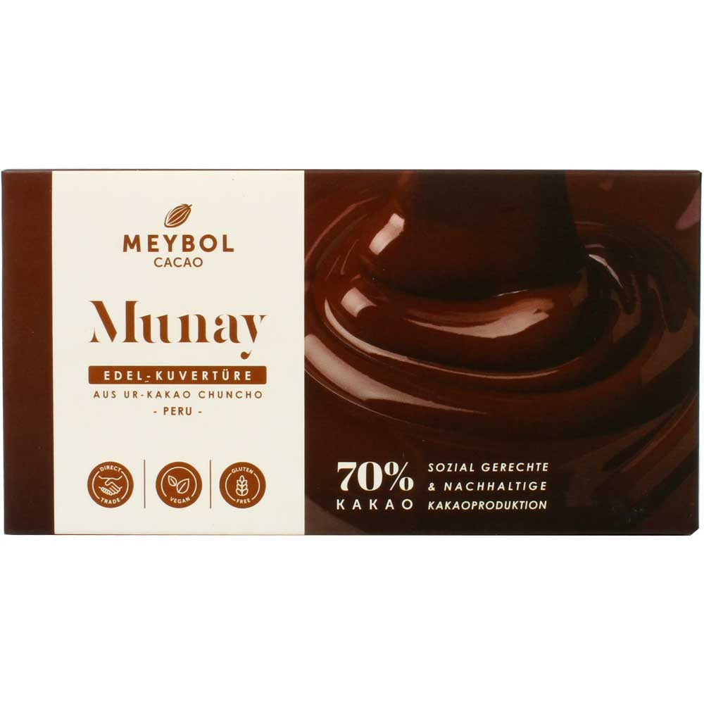 70% Munay chocolat de couverture à base de cacao de base Chuncho - Chocolat chaud, Couverture, chocolat végétalien, sans gluten, sans lactose, Pérou, chocolat péruvien, Chocolat au sucre de canne - Chocolats-De-Luxe