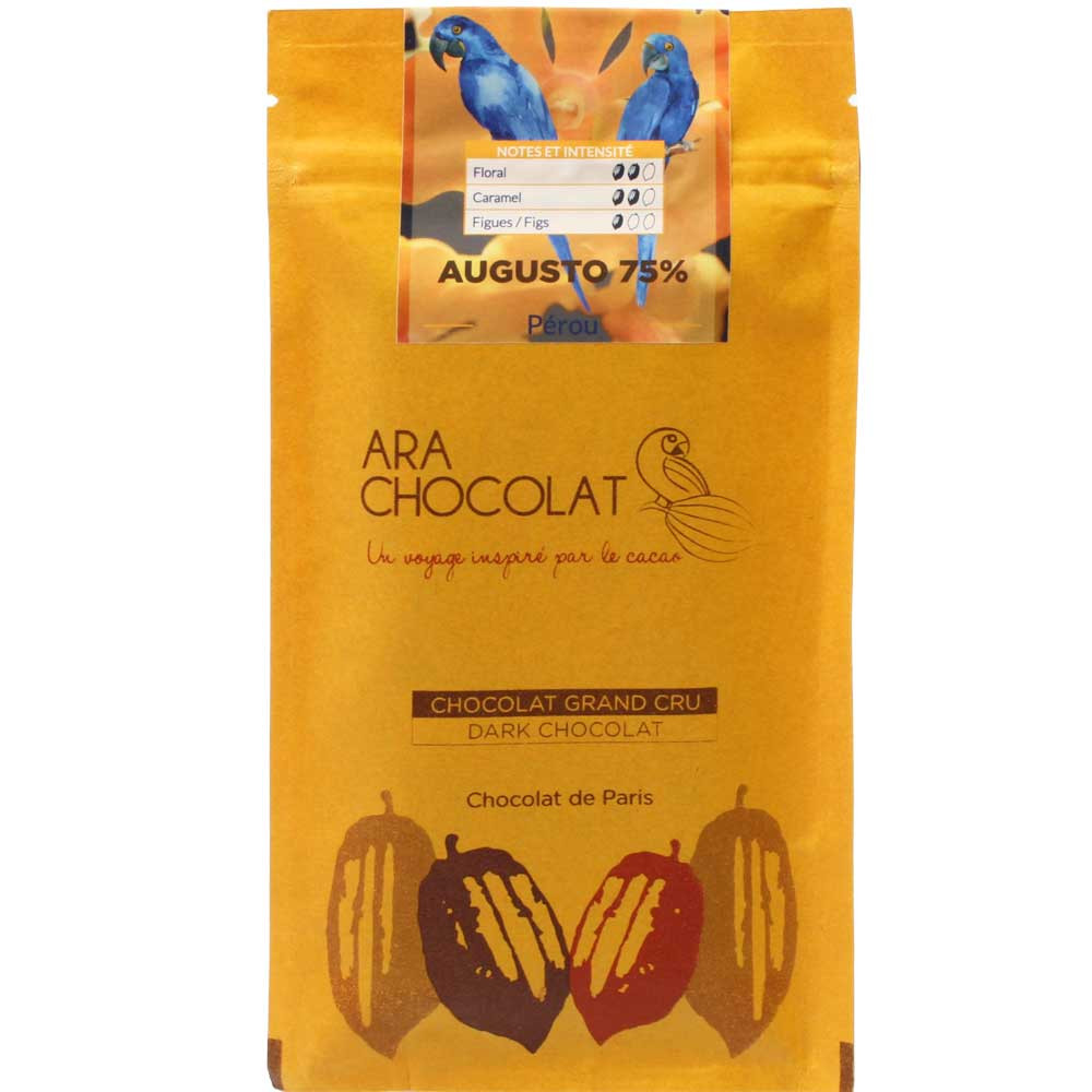 Augusto 75% Pérou - pure chocolade - Chocoladerepen, glutenvrij, sojavrije chocolade, veganistische chocolade, Frankrijk, Franse chocolade, Chocolade met rietsuiker - Chocolats-De-Luxe
