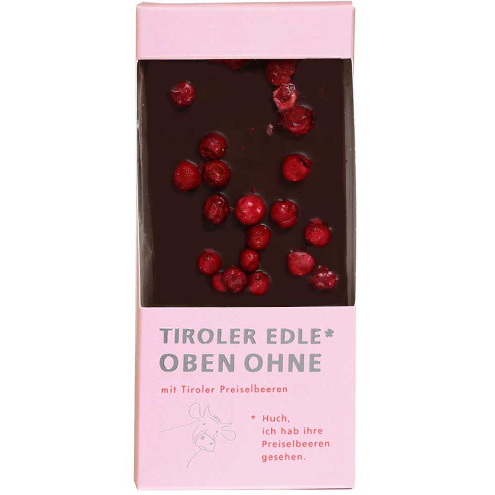 75% pure chocolade met Tiroolse veenbessen "Topless" - Chocoladerepen, veganistvriendelijk, Oostenrijk, Oostenrijkse chocolade, Chocolade met veenbessen - Chocolats-De-Luxe