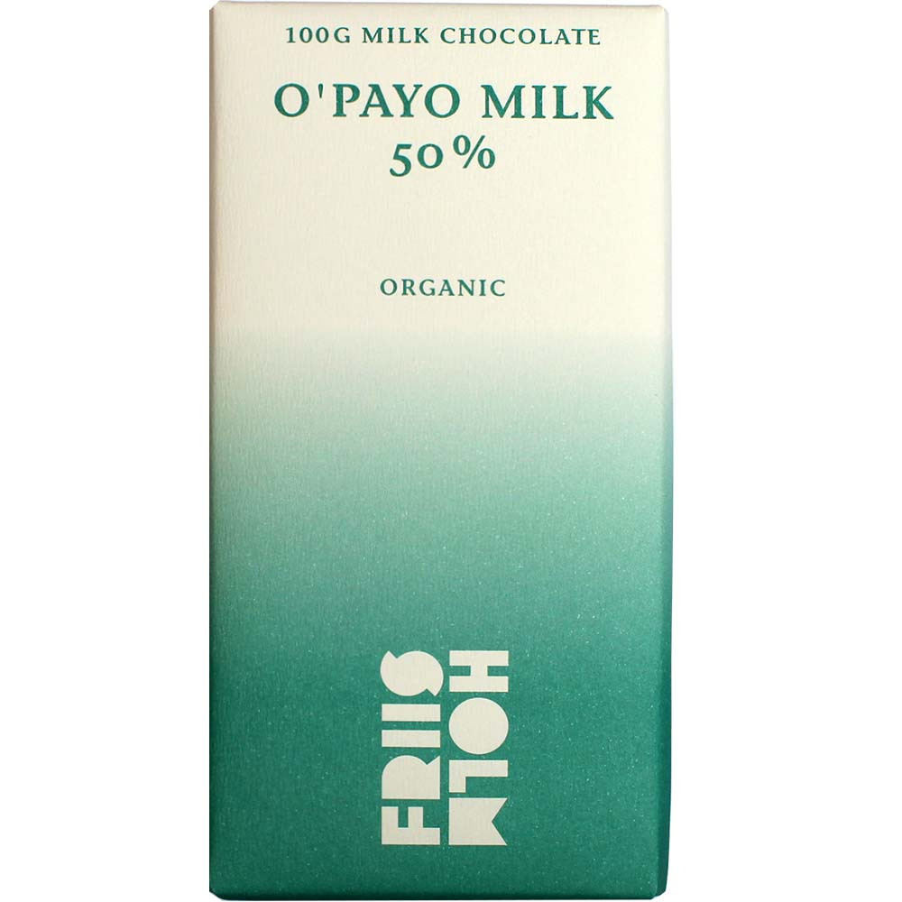 O'Payo 50% Milk Organic - milk chocolate - Bar of Chocolate, gluten free, lecithin free, nut free, soy free chocolate, suitable for vegetarians, Danmark, danish chocolate - Chocolats-De-Luxe