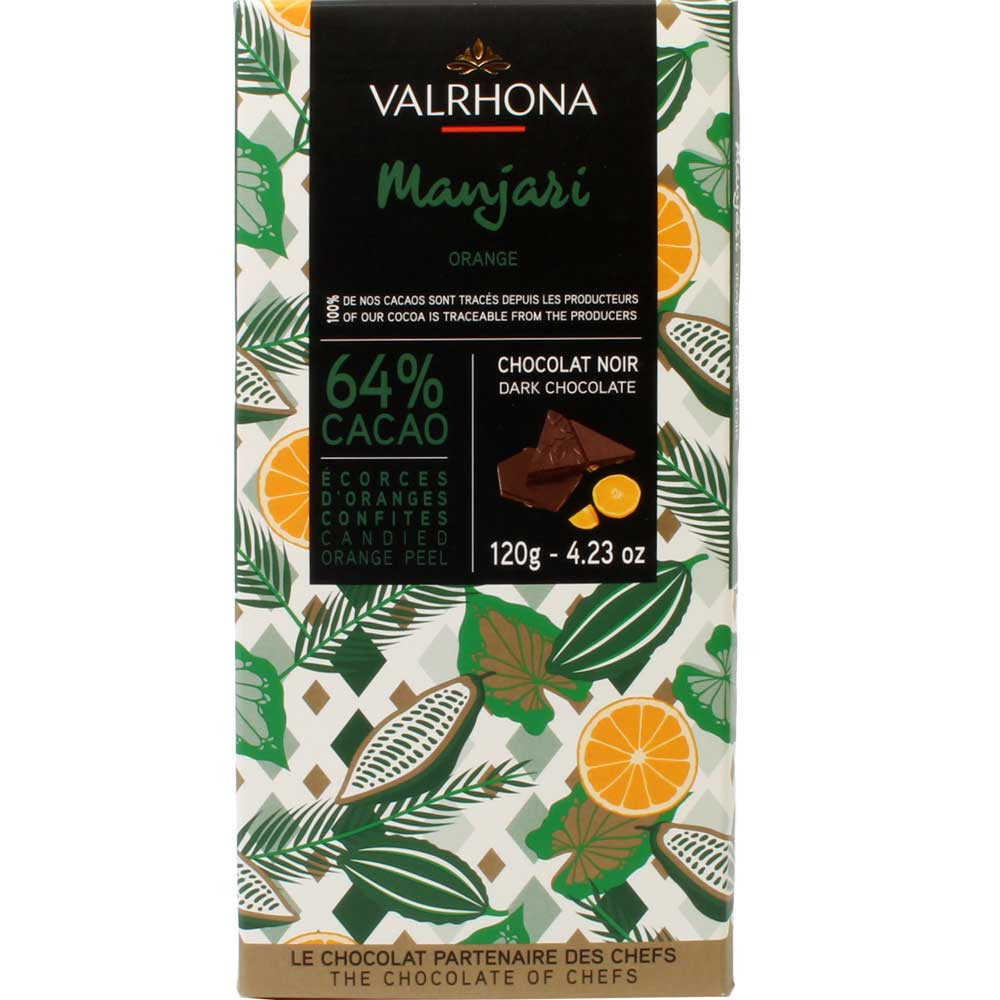 Manjari Noir Orange 64% - dark chocolate with orange - Bar of Chocolate, eggfree, palm oil free, vegan-friendly, France, french chocolate, chocolate with orange - Chocolats-De-Luxe