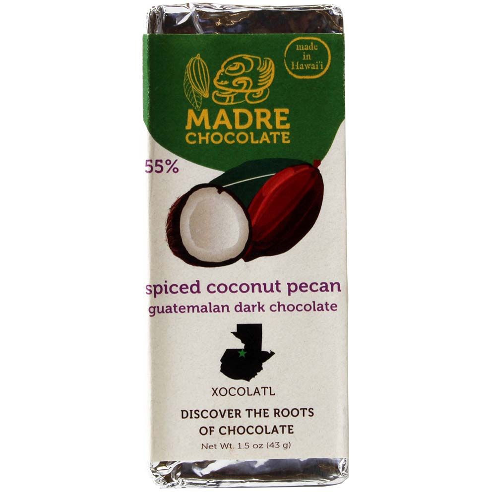 55% Spiced Coconut Pecan - Zartbitterschokolade mit Kokosmilch und Pekannuss - Tafelschokolade, lezithinfrei, sojafreie Schokolade, vegane Schokolade, Hawaii, hawaianische Schokolade, Schokolade mit Kokosnuss/-milch - Chocolats-De-Luxe