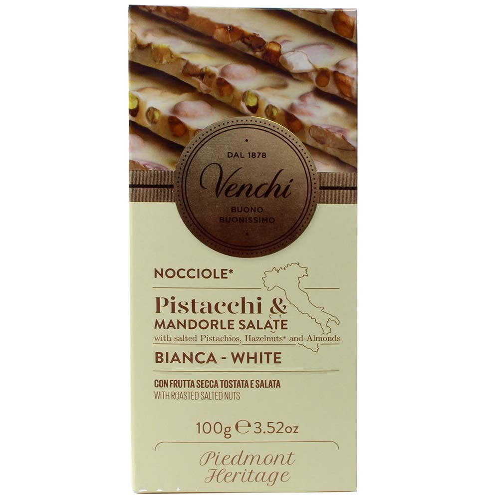 Pistacci & Mandorle Salate White Chocolate 31.3% with roasted and salted nuts - Bar of Chocolate, gluten free, Italy, italian chocolate, Chocolate with almonds, almond chocolate - Chocolats-De-Luxe