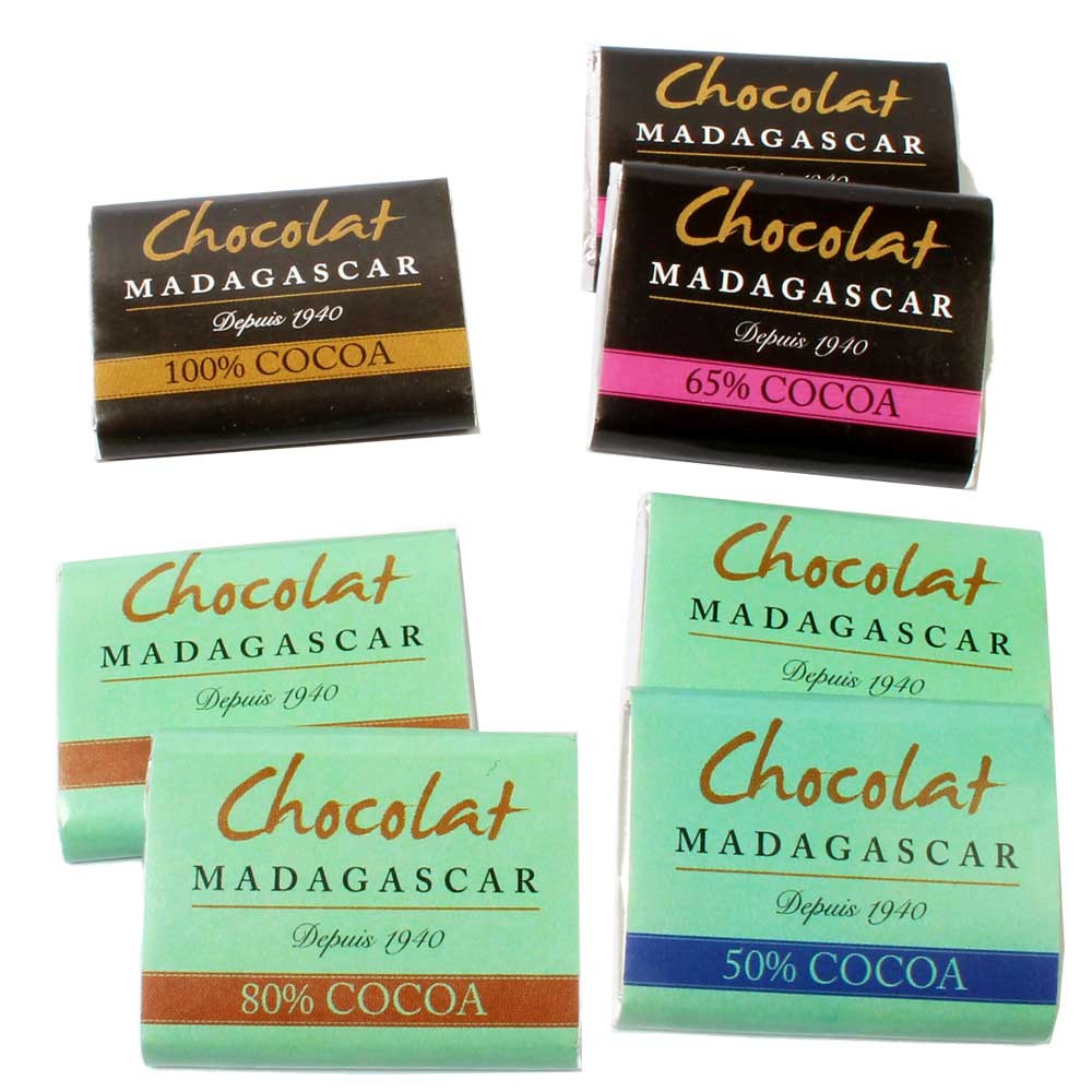 Sachet de dégustation avec 7 carrés de chocolat de 50 - 100% de cacao - Napolitains, Carrés au chocolat, Madagascar, chocolat malgache, chocolat au lait - Chocolats-De-Luxe