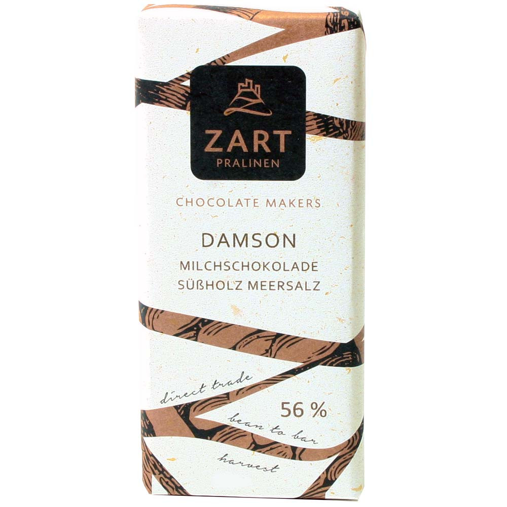 "Damson" 56% Milchschokolade mit Lakritz - aus Süßholz und Meersalz - Tafelschokolade, lezithinfrei, Österreich, österreichische Schokolade, Schokolade mit Lakritz, Lakritzschokolade - Chocolats-De-Luxe