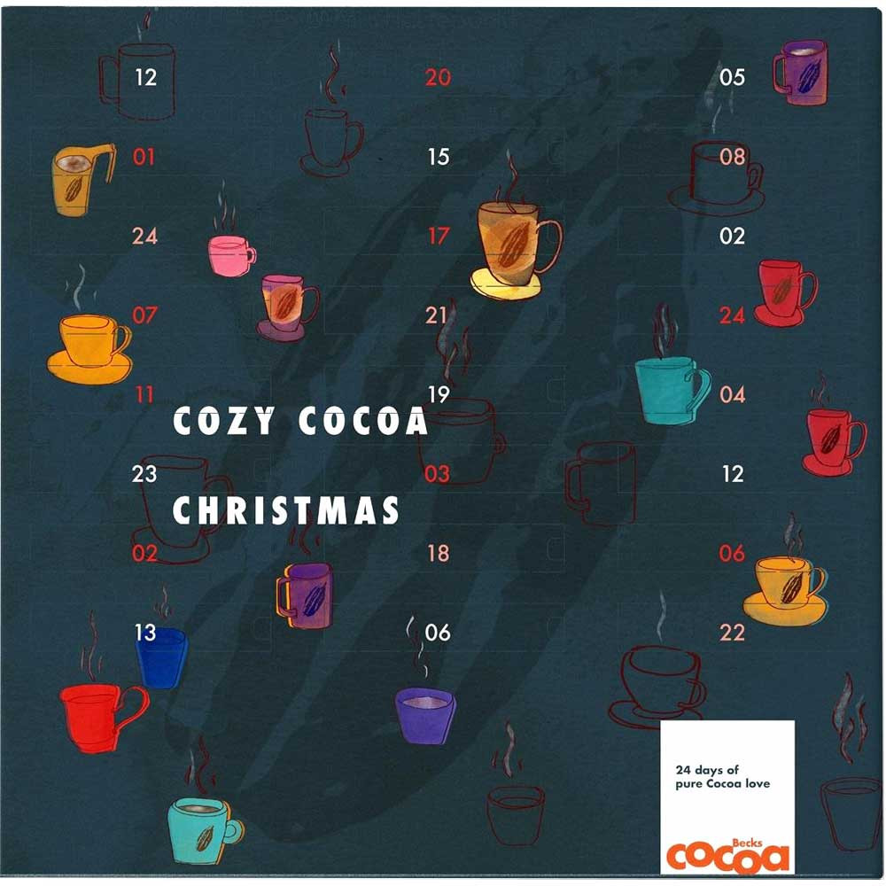 Calendrier de l'Avent avec des chocolats à boire - Cozy Cocoa Christmas - Calendrier de l'Avent, chocolat végétalien, convient aux végétariens, sans gluten, Allemagne, chocolat allemand - Chocolats-De-Luxe