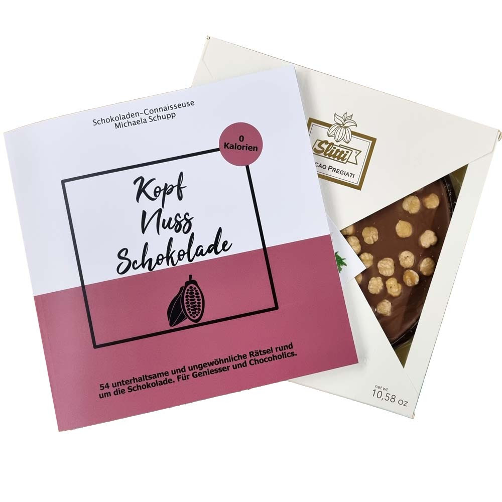 Kopf Nuss Schokolade Set - Buch mit Rätselspaß und Schokoladengenuss - Tafelschokolade, Deutschland, deutsche Schokolade, Schokolade mit Haselnuss, Haselnussschokolade - Chocolats-De-Luxe