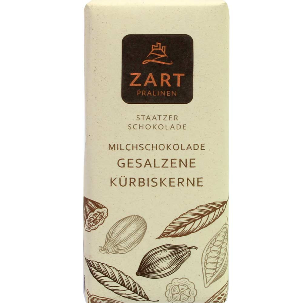 milk chocolate with Salted pumpkin seeds - Bar of Chocolate, lecithin free, palm oil free, Austria, austrian chocolate, chocolate with milk, milk chocolate - Chocolats-De-Luxe