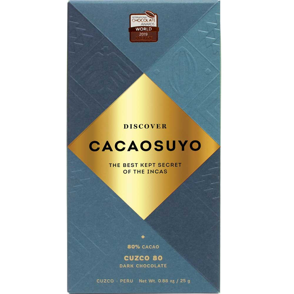 Cuzco 80% chocolate oscuro de Perú, 25g - Barras de chocolate, Perú, chocolate peruano, chocolate puro sin ingredientes - Chocolats-De-Luxe