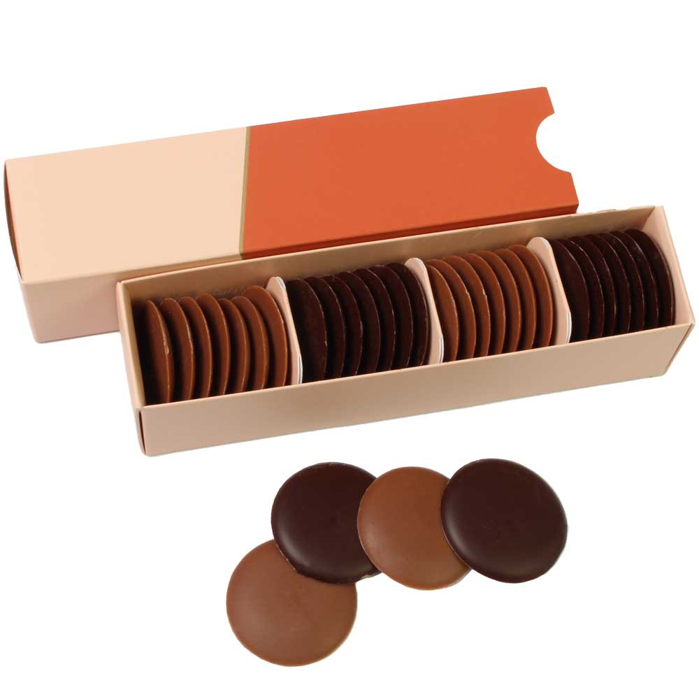 Gourmet Schokoladentaler Jivara 40% & Manjari 64% mit Ganache Füllung - Pralinen, Frankreich, französische Schokolade - Chocolats-De-Luxe