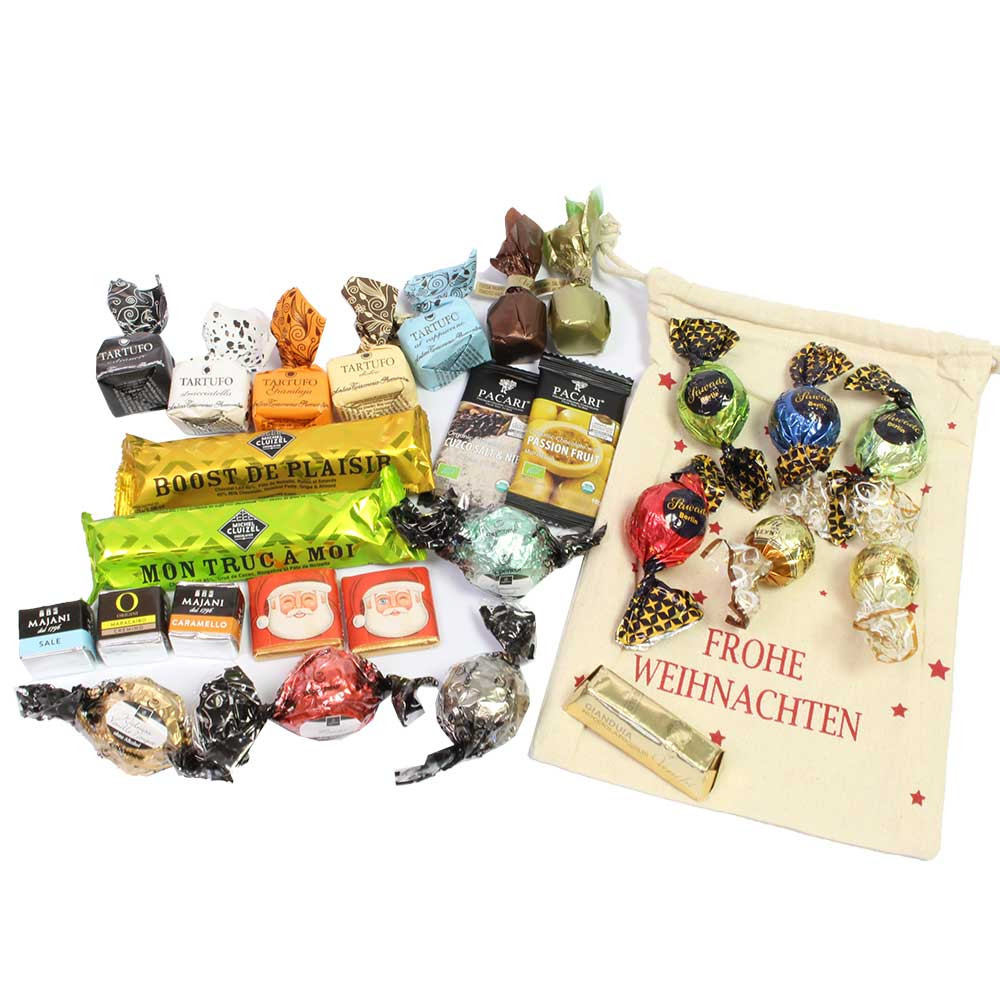 Bolsa con estrellas "Merry Christmas" llena de chocolate - Chocolate con almendras - Chocolats-De-Luxe