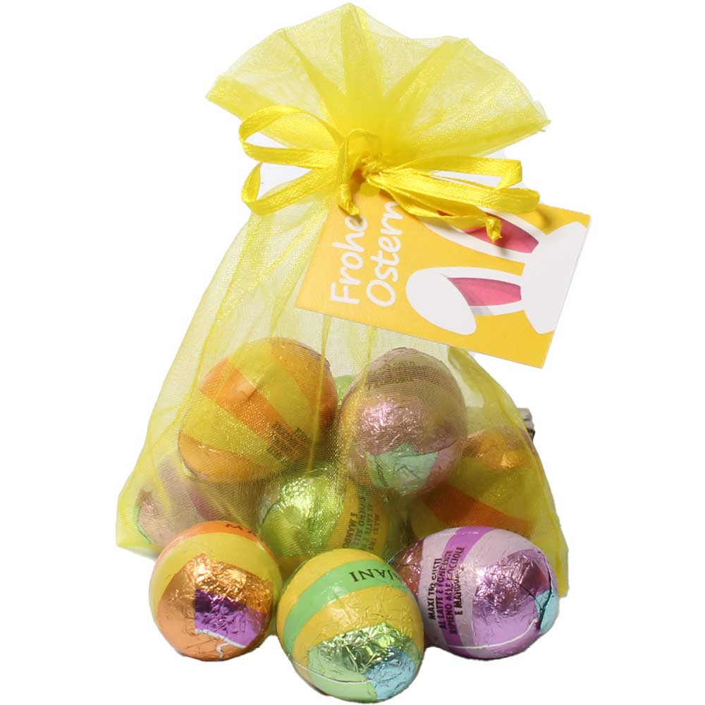 6 huevos de Pascua rellenos de chocolate en forma a rayas. - Huevos de Pascua de chocolate, sin gluten, Italia, chocolate italiano, Chocolate con almendras - Chocolats-De-Luxe