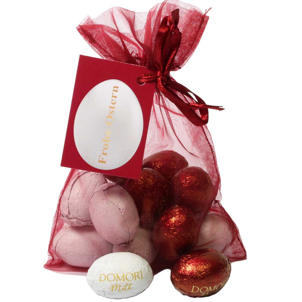 Chocolate Easter eggs in gift bag bordeaux red - alcohol free - Chocolate Easter Eggs, alcohol free, Italy, italian chocolate, chocolate with hazelnut, hazelnut chocolate - Chocolats-De-Luxe
